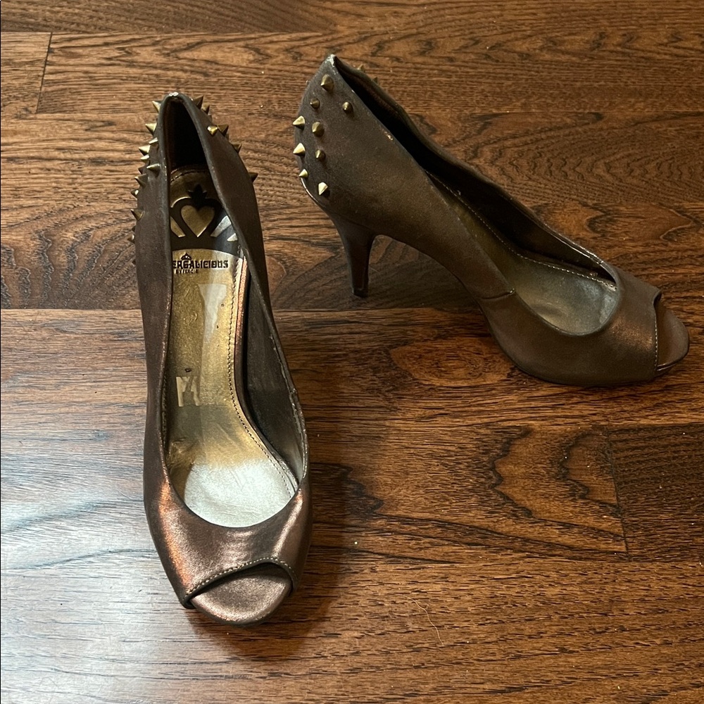 Fergalicious Metallic Chocolate Brown Bronze Studded Heels